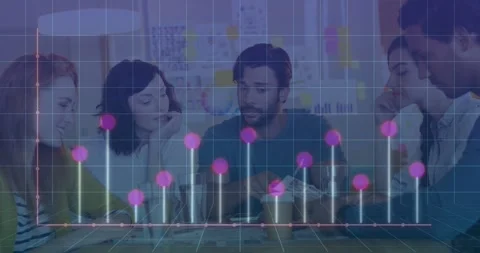 Lead man gesturing papers, team leaning and noting as business bar graph markers Video stock 333965829