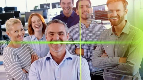 Lead man posing, neon green scan sweeping across group, camera expanding Stock Footage 335739604
