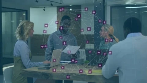 Lead man scanning doc and starting purple net overlaying biz meeting, team Stock Footage 333105324