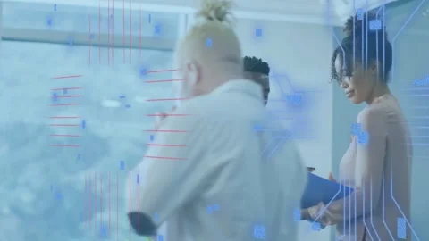 Lead man tapping phone and starting tech UI overlaying, woman reviewing blue Stock Footage 335281887