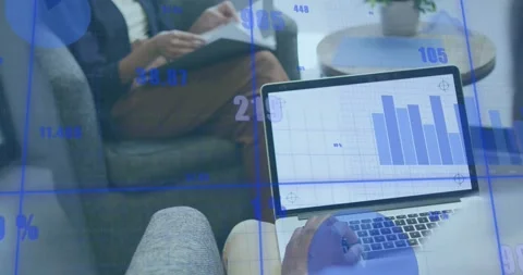 Lead man typing on laptop, creating blue data forming bar chart for business, Stock Footage 330893752