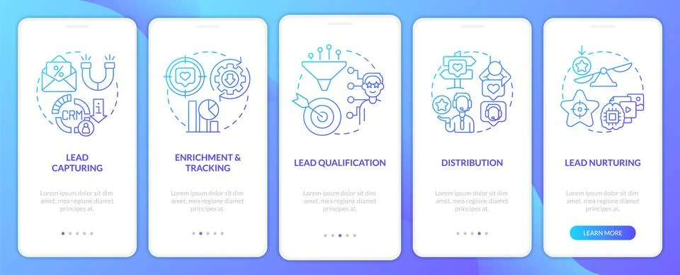 Lead management process blue gradient onboarding mobile app screen Stock Illustration