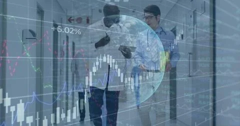 Lead MDs walking corridor using tablet analyzing finance trends, globe and data Stock Photos