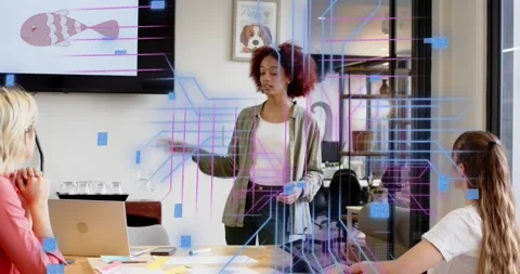 Lead moving ahead pointing at screen and showing business plan while circuit Stock Footage 321782045