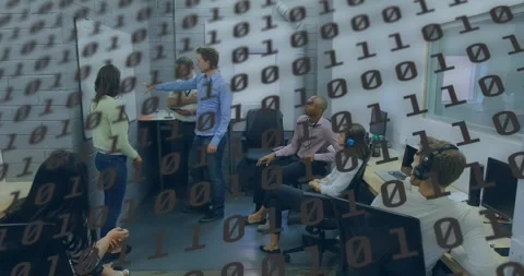 Lead moving forward, pointing woman moving into center in tech session with Stock Footage 329929636