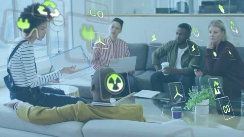 Lead opening folder and showing in hub while energy icons drifting over devices Stock Footage 333336483