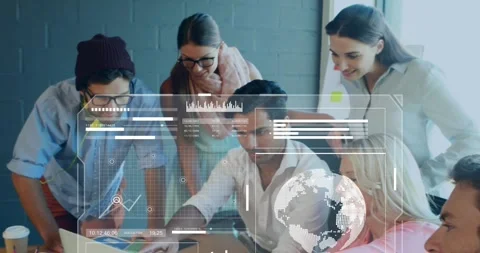 Lead operating laptop animating business charts while colleagues leaning in to Stock Footage 317370153