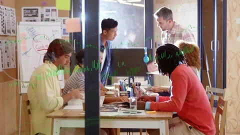 Lead passing pages, team reviewing designs in glass room, green waves on glass, Stock Footage 333631683