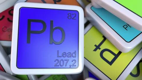 Lead Pb block on the pile of periodic table of the chemical elements blocks. 3D Stock Illustration