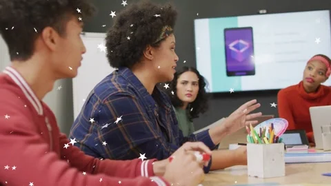 Lead picking color wheel and reviewing app design while team listening, phone Stock Footage 333155610