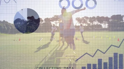 Lead player using ladder, data overlay appearing collecting and analysing Stock Footage 333169942