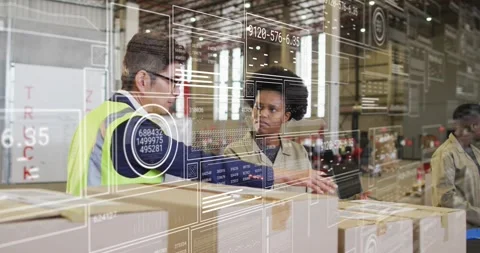 Lead pointing to box label, tech tapping tablet, AR overlays aligning with boxes Stock Footage 320896687