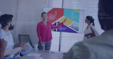 Lead pointing chart peer joining code lines scrolling over room biz team noting Stock Footage 331026821