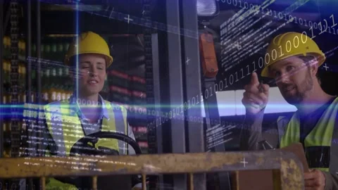 Lead pointing clipboard, guiding forklift operator acknowledging as data overlay Stock Footage 330893477