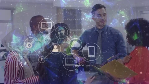 Lead pointing to folder, team exchanging papers, overlaying cloud devices Stock Footage 335282112