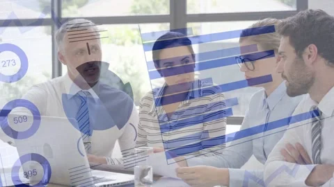 Lead pointing at laptop, team scanning docs, blue motion bars overlaying team, Stock Footage 335466098