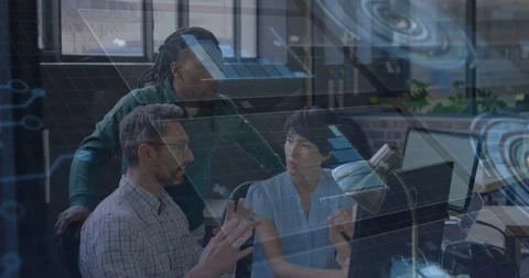 Lead pointing at monitor, explaining schematic, team listening, HUD showing Stock-Footage 334040676