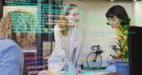 Lead pointing sketches, developer showing smartphone, with scrolling code Stock Footage 318046285