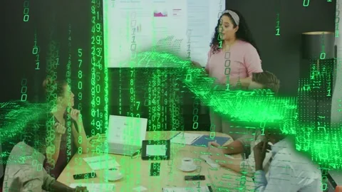 Lead pointing at slide and causing green data overlay, team taking notes for Stock Footage 333139168