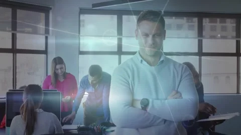Lead posing in office, woman tapping phone starting animated HUD streaks over Stock Footage 329812931