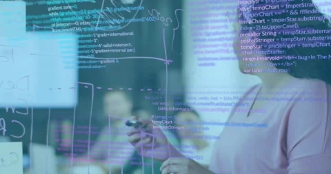 Lead presenter picking blue marker sketching timeline on glass board with live Stock Footage 317600181