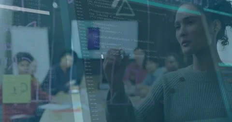Lead presenter tapping transparent glass and writing making code overlay Stock Footage 329904652