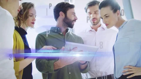 Lead presenting tablet tech team reviewing woman pointing data overlays rising Stock Footage 335732029