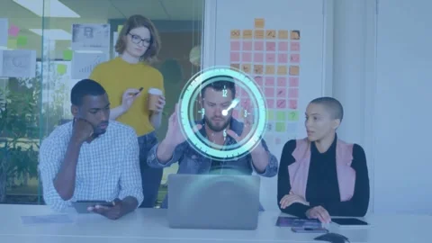 Lead reacting to appearing progress ring, manipulating it above laptop and Video stock 330444260