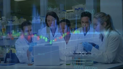 Lead reading laptop data while peer pointing pipette, team testing samples, Stock Footage 331349778
