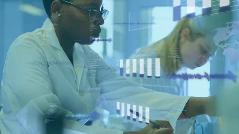 Lead researcher writing notes as partner handling tubes, data bars overlaying Stock Footage 328307036