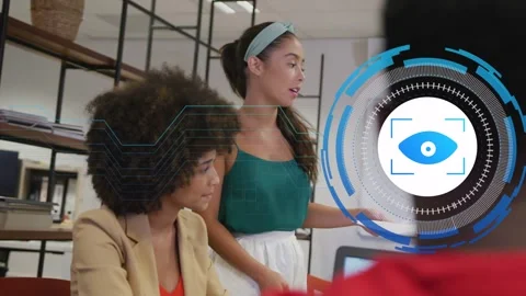 Lead rising to speak explaining animated HUD eye icon expanding linking paper Stock Footage 333594942
