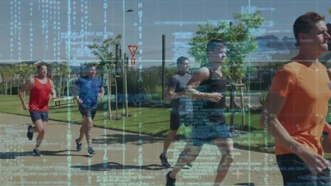 Lead runner in orange shirt leading pack fitness training, code overlay leaving Stock Footage 332285198
