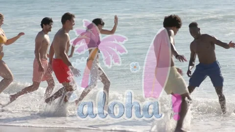 Lead runner starting, group of six running into breaking waves, travel ad aloha Video stock 333790318