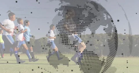 Lead runner tapping ball into space and sparking chase while globe code overlay Stock Footage 318740655