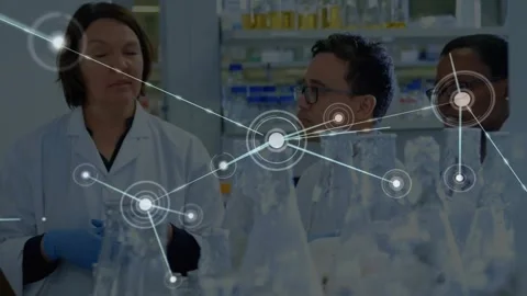 Lead scientist leading talk at bench, network growing over researchers and Stock Footage 330621882