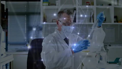 Lead scientist pipetting, lowering pipette, drawing liquid while data overlay Stock Footage 334036479