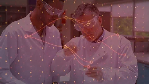 Lead scientist pipetting sample at lab bench, intern learning as nodes pulsing Stock Footage 329749943