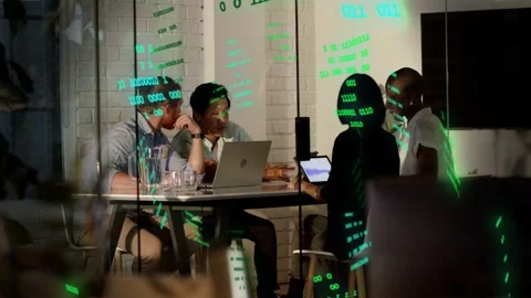 Lead scrolling laptop team reviewing tablet behind glass in business green Видео 335466200