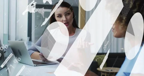 Lead sharing docs, showing finance charts over faces, laptop while peer checking Vídeo Stock 334039287