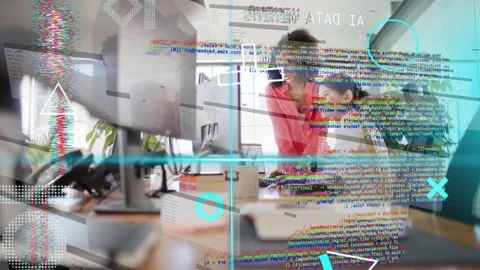 Lead showing phone, pointing, guiding mentee typing, checking code while tech Stock Footage 333448834