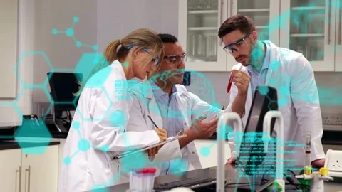 Lead showing sample, right examining red tube, left noting, lab hologram Stock Footage 335235421