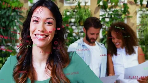 Lead smiling starting business data graphics moving over docs, showing metrics Stock Footage 333277852