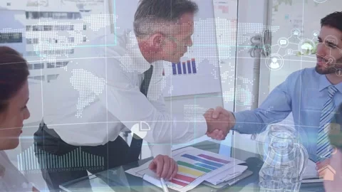 Lead speaker citing charts, leaning, initiating handshake, sealing business deal Stock Footage 334466488