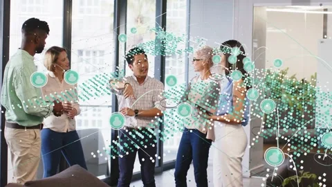 Lead speaker gesturing, sparking animated nodes and arcs across lounge, team Stock Footage 337904988