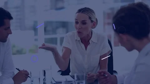 Lead speaker gesturing sparking purple eye graphics drawing focus around her Stock Footage 329870839