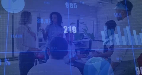 Lead speaker handing sheet and pointing, business team reviewing data as Stock Footage 331046211