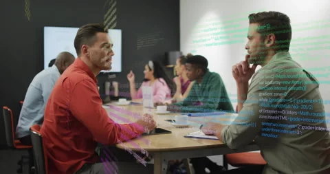Lead speaker referencing tablet sparking technology code overlay while team Stock Footage 314349644