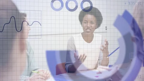 Lead speaker starting data collecting, analysing with overlaying animated charts Stock Footage 333610185