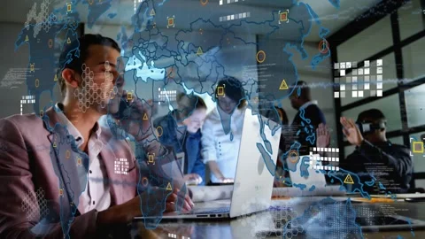 Lead speaking phone and typing laptop, projector starting biz data overlay over Stock Footage 332468887