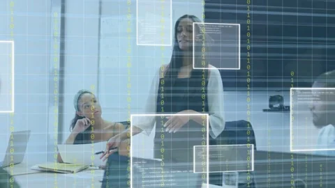 Lead standing, gesturing in business meeting, activating grid, data windows on Stock Footage 335316837